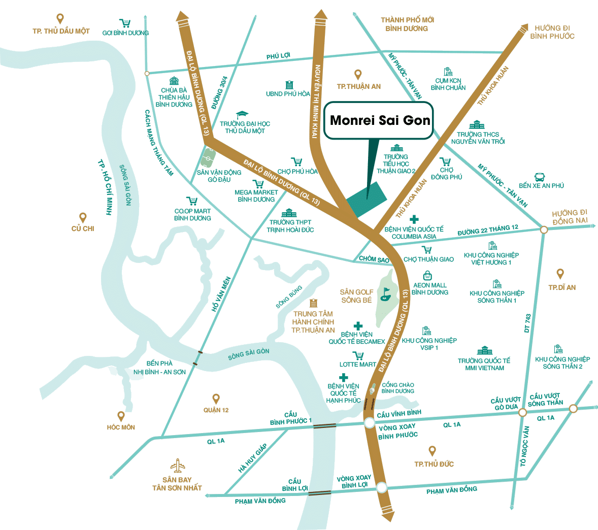 Connectivity map — Highway 13, Ring Road 3, VSIP, Aeon Mall & Song Be Golf