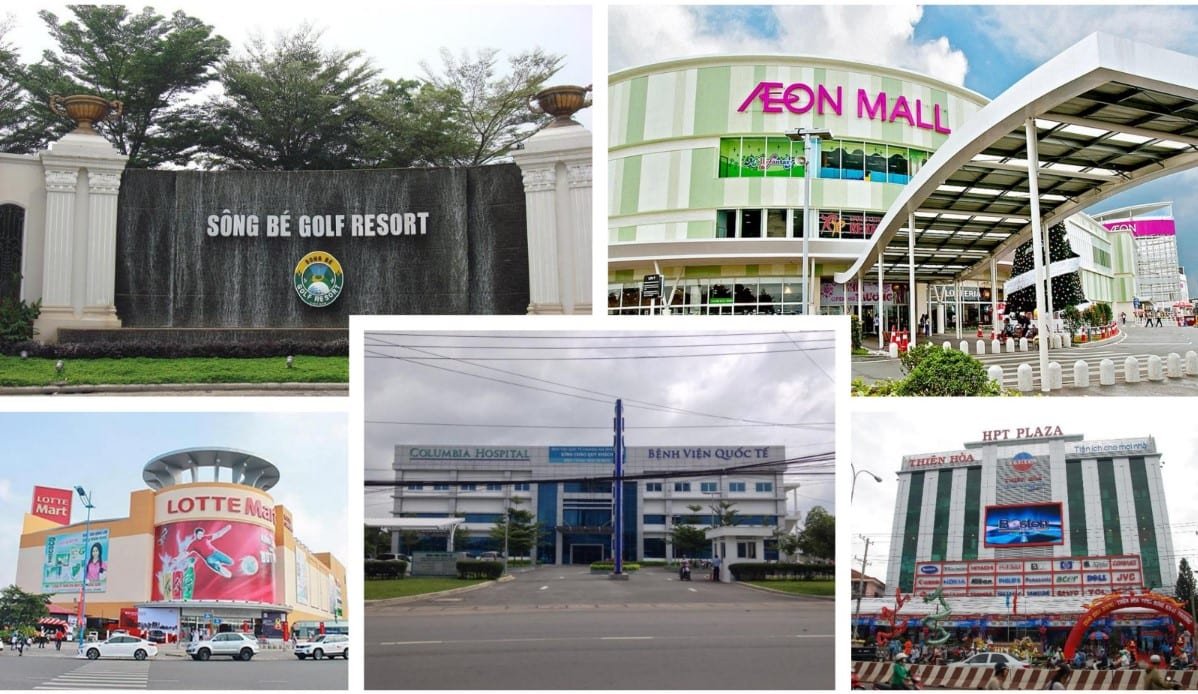 Real photos of landmarks near the project: Song Be Golf Resort · AEON Mall · Lotte Mart · Hanh Phuc International Hospital · HPT Plaza